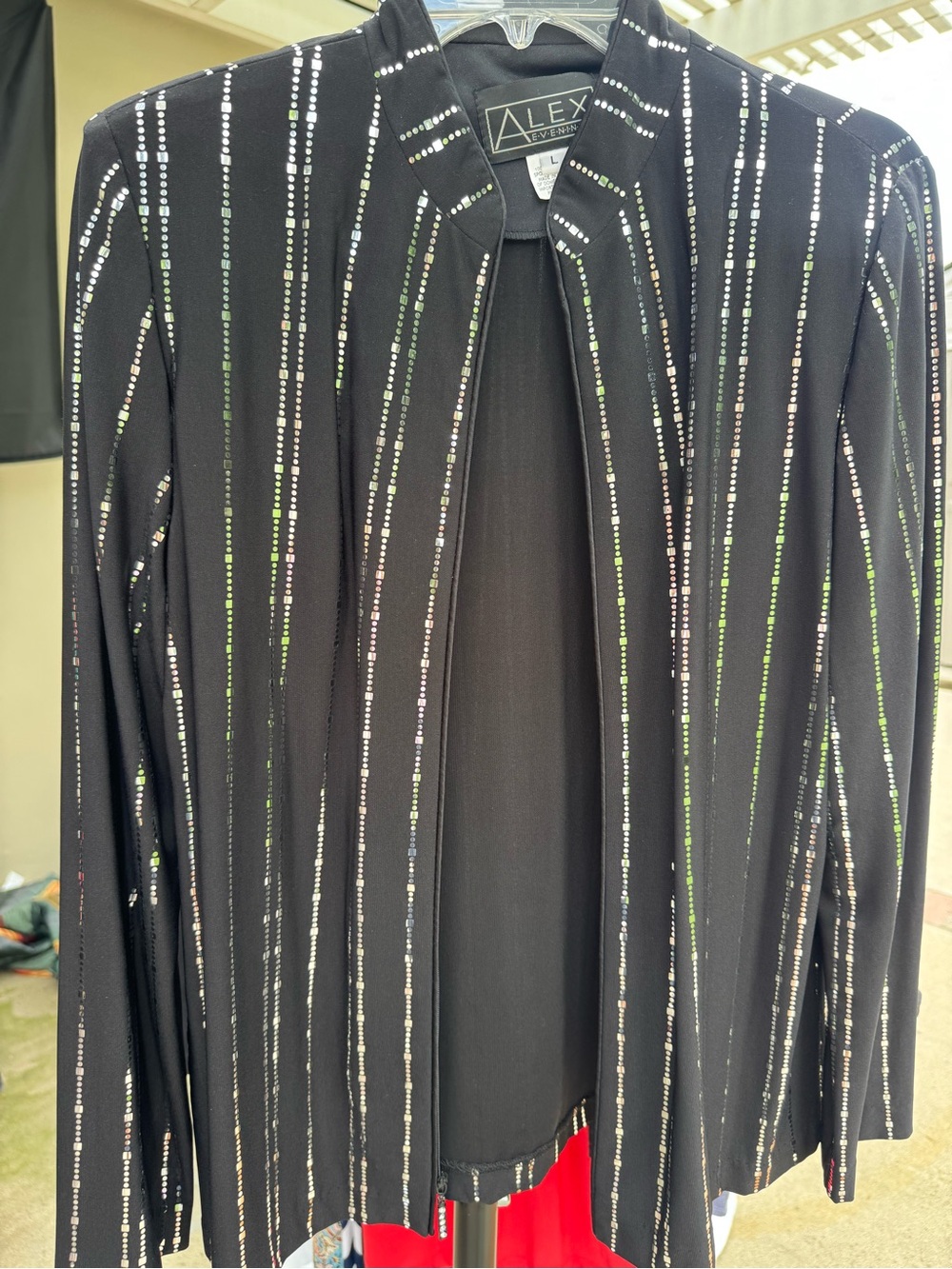 Alex Evenings Black Jacket with Iridescent Vertical Sequin Stripes
